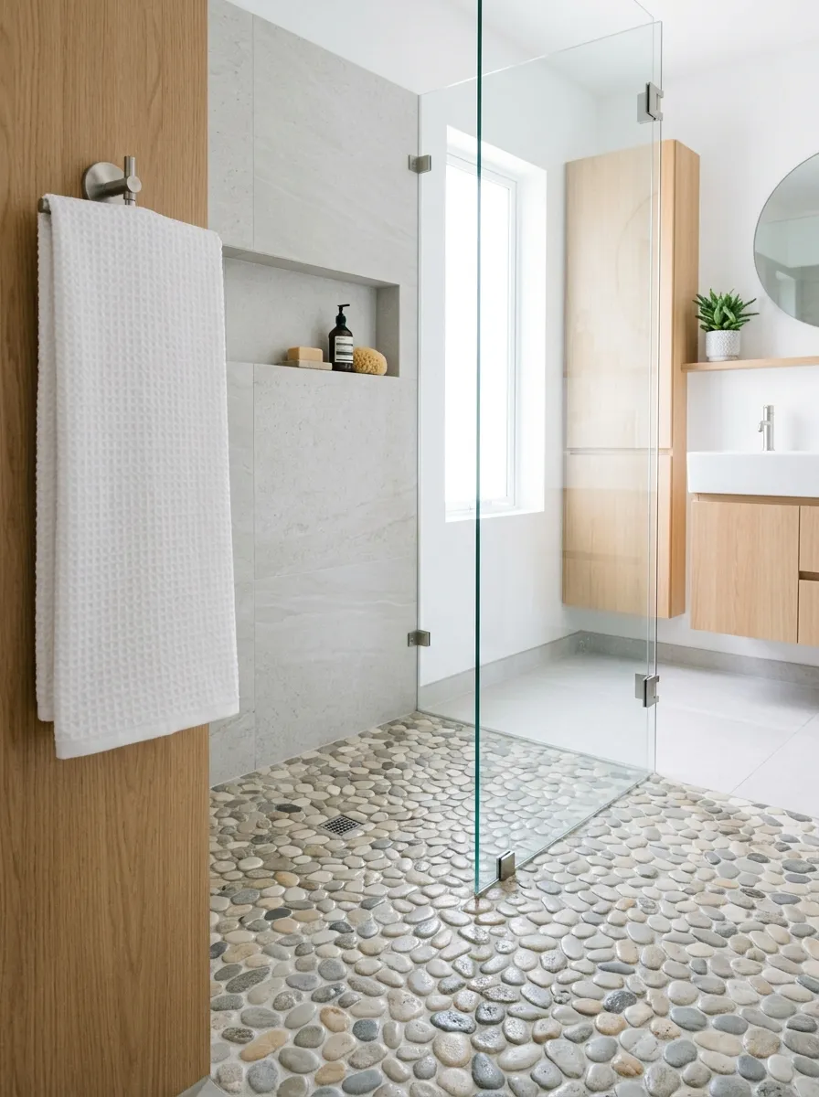 Prompt: A real-life photograph of a pebble-textured shower floor in light gray and sandy tones inside a coastal modern bathroom, clean glass shower panel, neatly folded towel on a nearby hook, bright natural light, organized and clean space, vibrant natural stone colors, realistic stock photography style, no people.