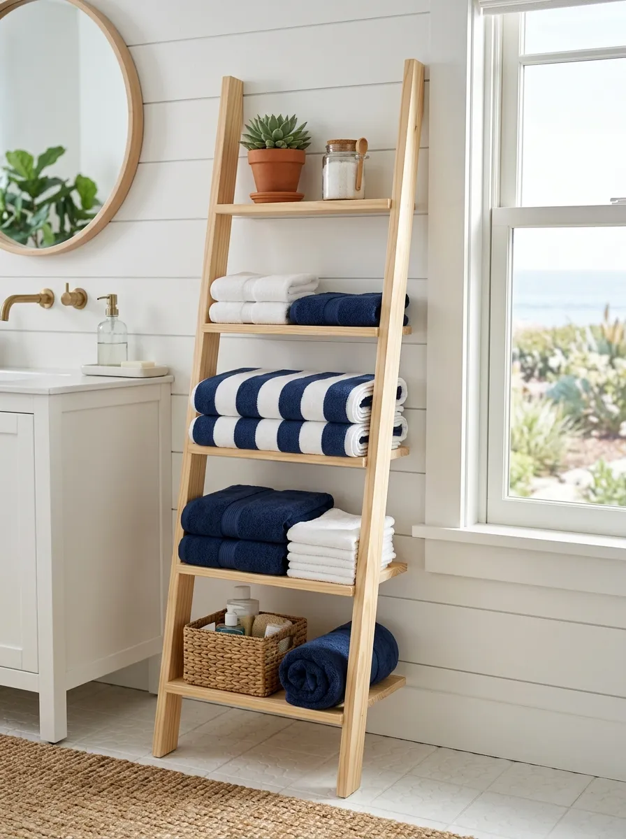 Prompt: A real-life photograph of a wooden ladder shelf leaning against a white wall in a coastal modern bathroom, neatly folded blue-and-white striped towels and solid navy towels beautifully arranged on the rungs, bright natural light, clean and organized corner, vibrant blue color accents, realistic stock photography style, no people.