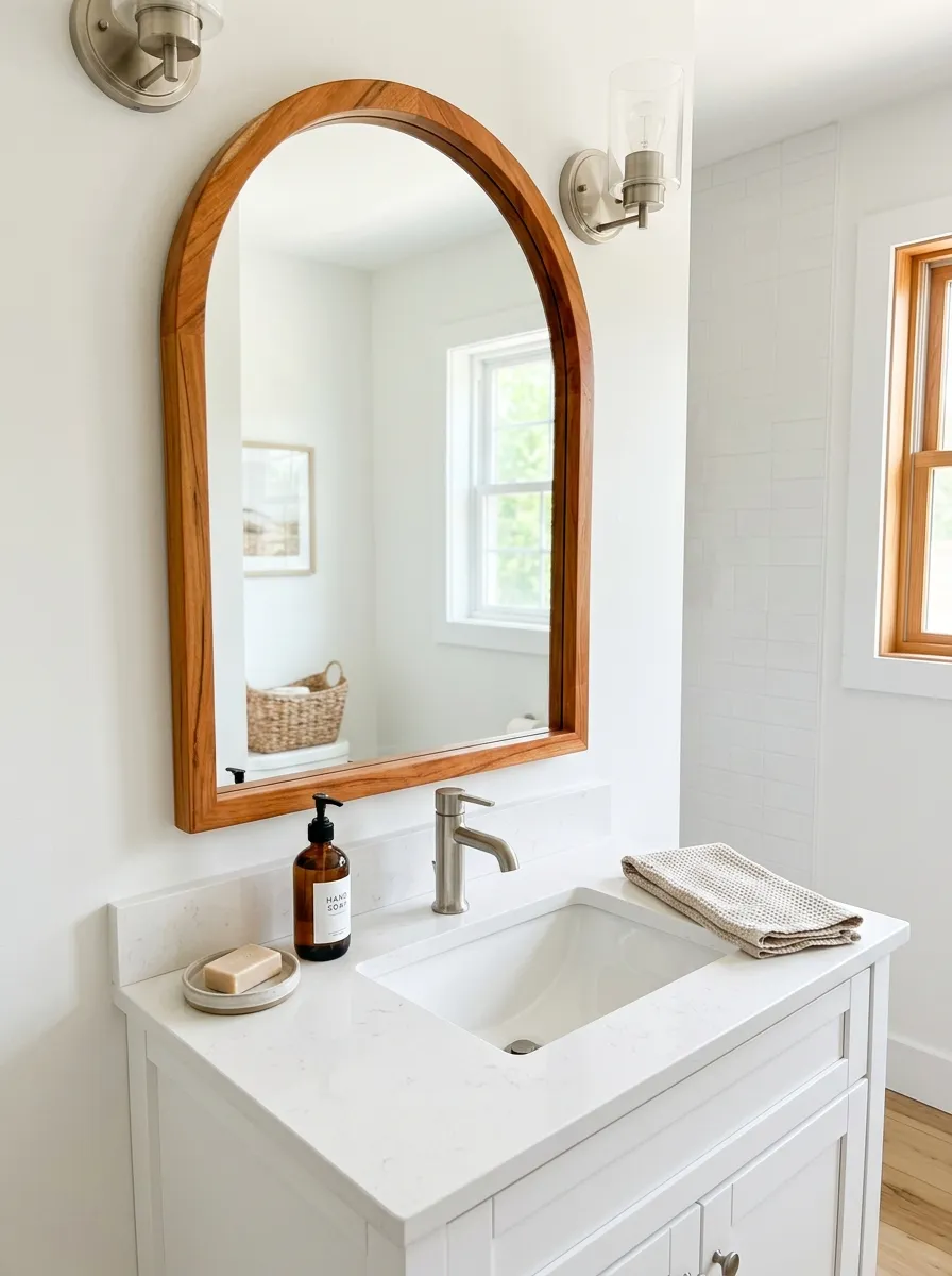 Prompt: A real-life photograph of an arched wood-framed mirror hanging above a white sink in a coastal modern bathroom, small neatly arranged soap dispenser and hand towel on the counter, bright natural light reflecting in the mirror, clean and organized space, warm vibrant wood tones, realistic stock photography style, no people.