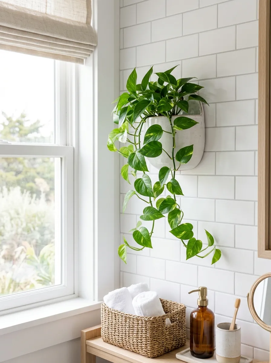 Prompt: A real-life photograph of a wall-mounted ceramic planter with trailing pothos vines in a coastal modern bathroom, positioned near a bright window, clean white tile background, neatly arranged bathroom accessories nearby, bright natural light, organized and fresh space, vibrant green plant color, realistic stock photography style, no people.