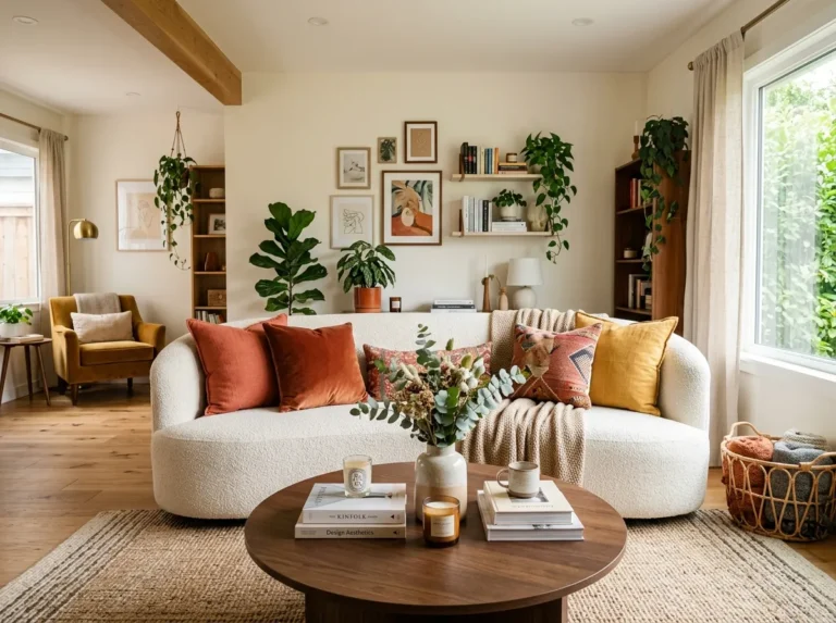 Real-life photo of a stylish living room featuring a large curved sofa neatly made with plush cushions, beautifully arranged around a round coffee table, clean and organized space, bright natural light, vibrant warm tones, Pinterest-style lifestyle photography, not a 3D render or illustration.