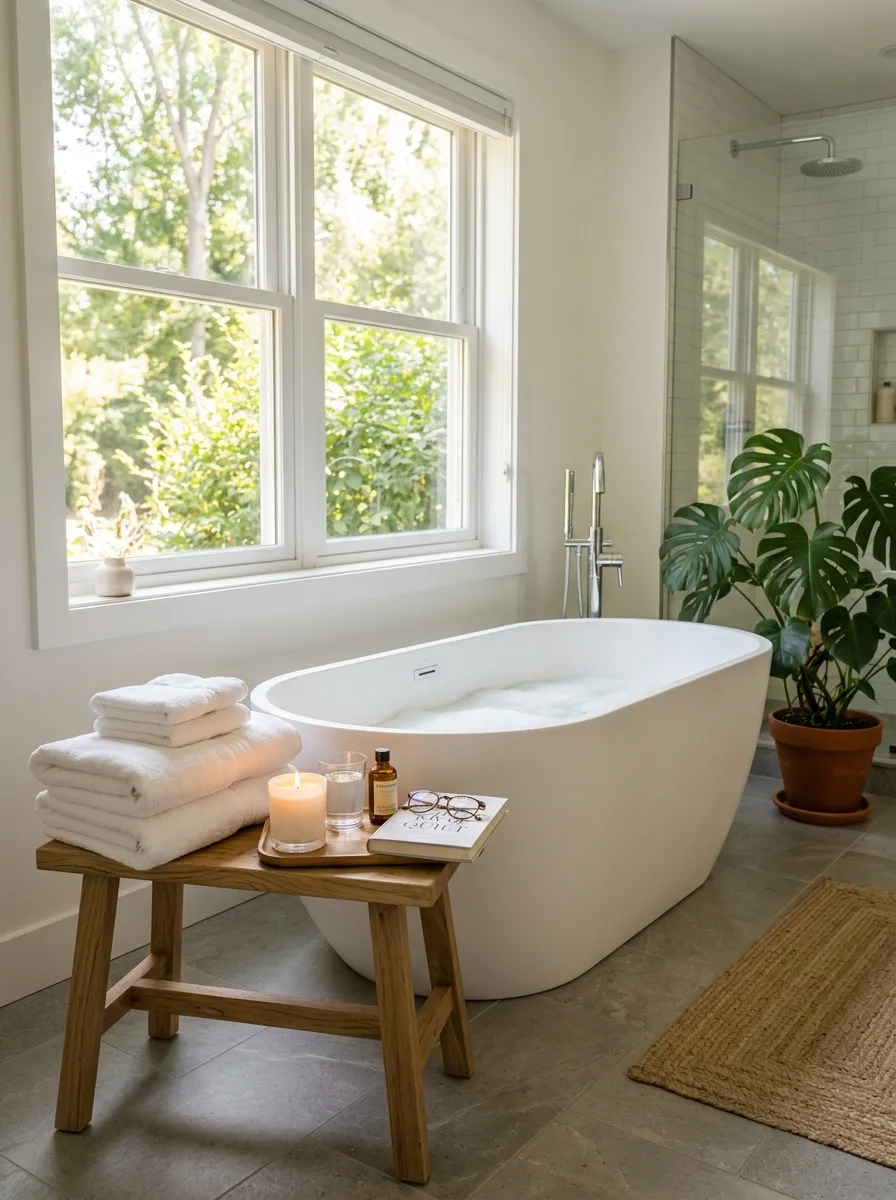 A bright, sunlit bathroom with a freestanding matte white soaking tub positioned near a large window, soft natural light streaming in, neatly folded white towels beautifully arranged on a wooden stool beside the tub, a small tray with candles and a book, clean stone-gray tile flooring, organized and clutter-free, real-life lifestyle photography style, vibrant green plant in the corner, warm and inviting atmosphere, high-resolution stock photo aesthetic.