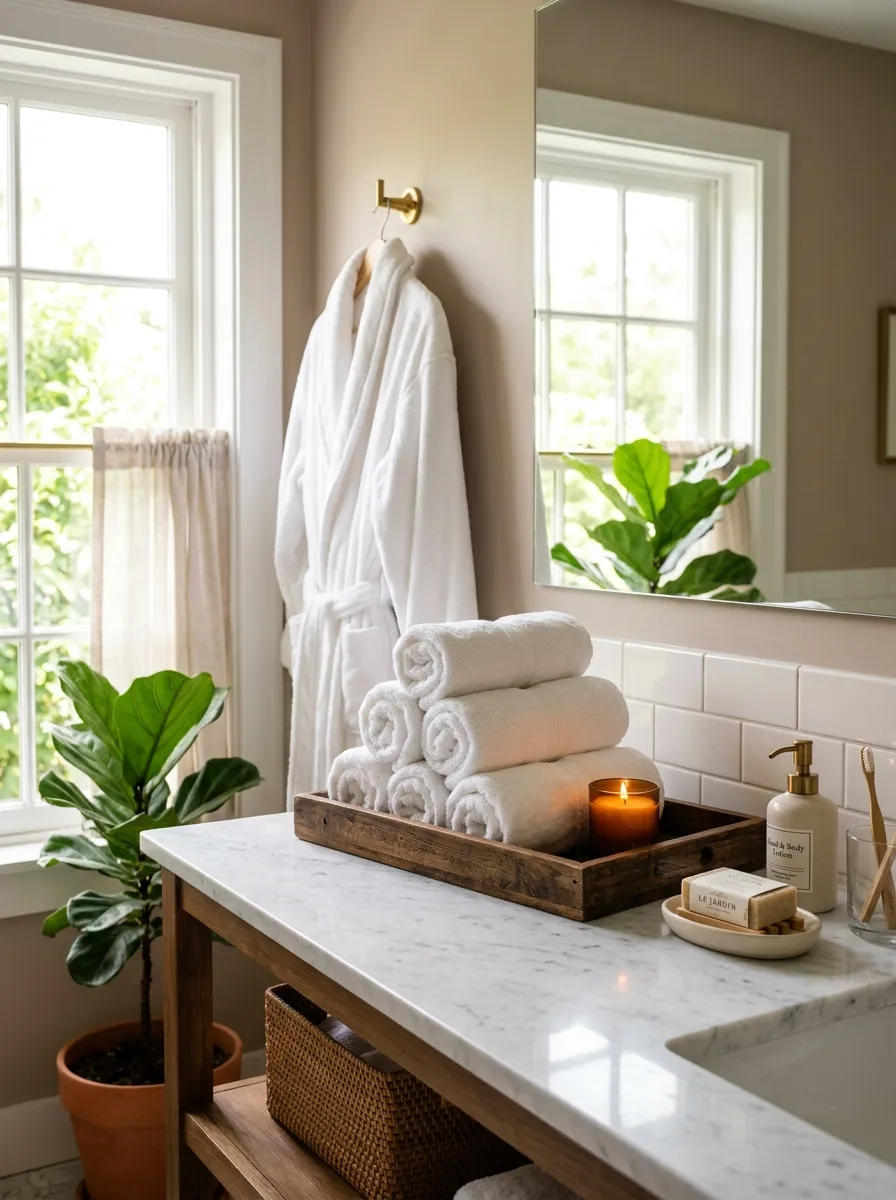 A clean bathroom counter styled like a boutique hotel, neatly rolled white towels beautifully stacked on a wooden tray, a plush white robe hanging on a wall hook nearby, bright natural light from a side window, small candle and soap dish organized beside the towels, vibrant green plant in the background, real-life photography style, no people, warm and welcoming atmosphere.