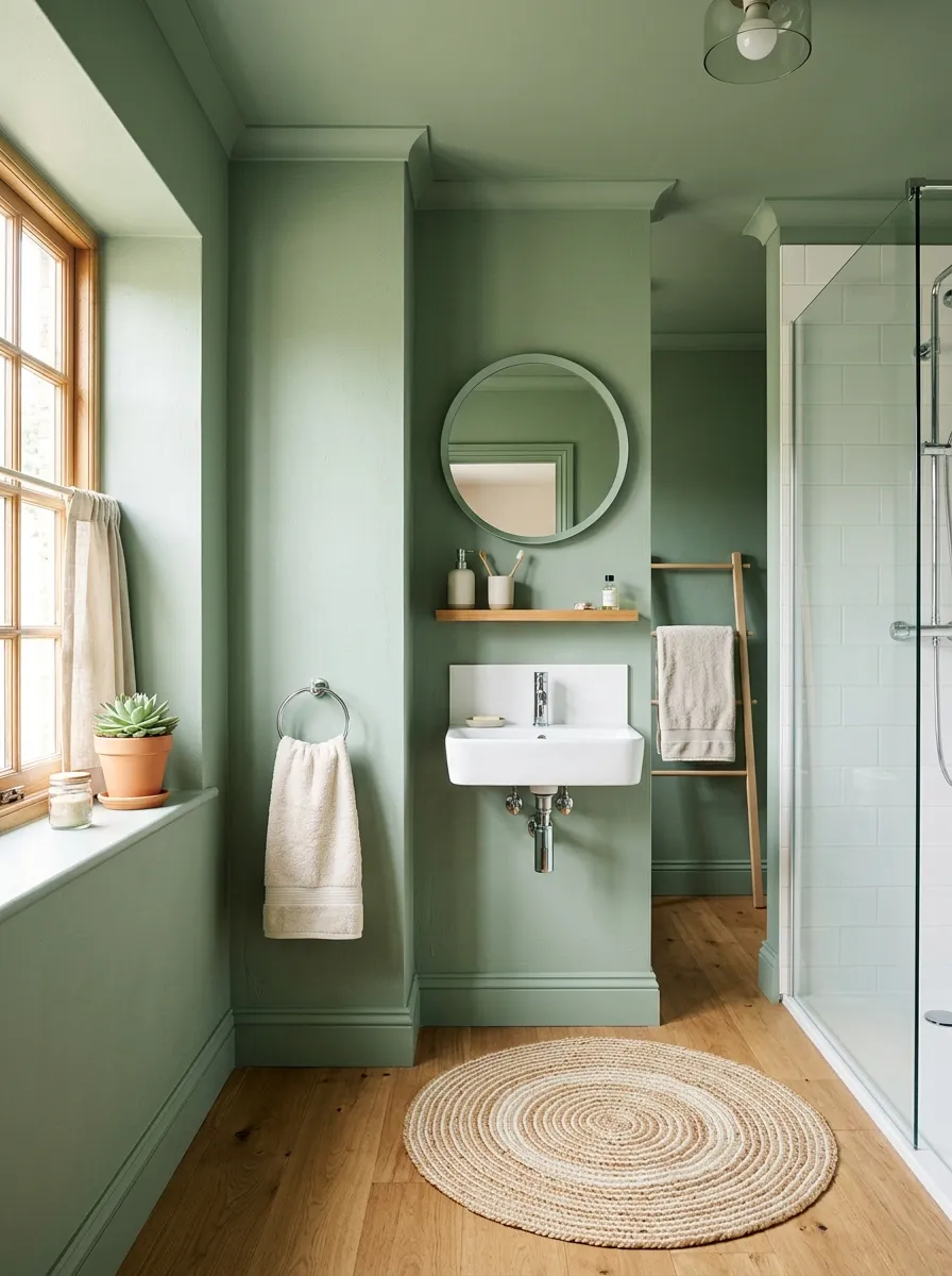 A bright bathroom fully painted in soft sage green, walls, trim, and ceiling all matching, bright natural light from a side window, a neatly arranged woven mat and beautifully folded towel in a contrasting cream tone, clean minimalist fixtures, organized and clutter-free styling, vibrant color depth visible on walls, real-life lifestyle photography, no people, cohesive and calm atmosphere.