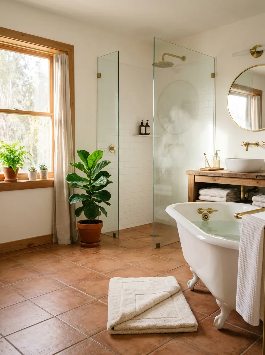 A cozy bright bathroom with warm-toned tile flooring, soft steam gently rising near a walk-in shower, bright natural light streaming through a window, a neatly folded bath mat beautifully placed beside the tub, clean and organized fixtures, vibrant green plant in the corner, real-life photography style, no people, warm inviting morning mood, no visible heating elements needed.