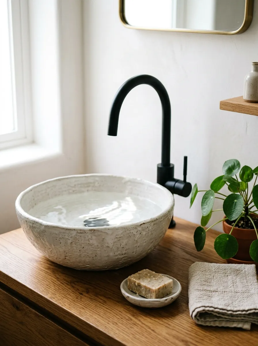 A close-up of a textured ceramic vessel sink sitting on a warm wood countertop, tall matte black arched faucet, bright natural light reflecting off the water surface, a neatly arranged small soap dish and hand towel beautifully placed beside the sink, clean white wall backdrop, vibrant green plant nearby, real-life lifestyle photography, no people, elegant minimalist mood.