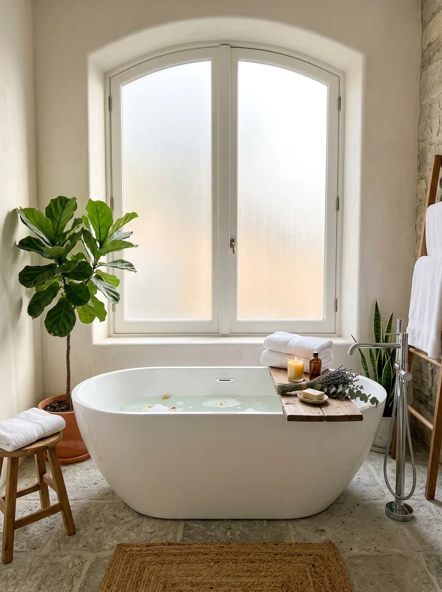 A serene bathroom with a freestanding tub positioned directly beneath a large frosted window, bright natural light pouring down softly, neatly arranged candles and a folded towel beautifully placed on a wooden tray beside the tub, clean stone flooring, vibrant green plant near the window, real-life lifestyle photography style, no people, calm and airy spa atmosphere.