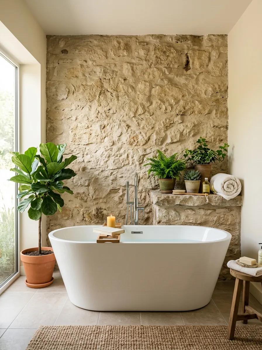 A bathroom accent wall made of natural textured stone behind a freestanding tub, bright natural light casting soft shadows across the rough surface, neatly arranged small potted plants and a rolled towel beautifully placed on a stone ledge, clean neutral tile flooring elsewhere in the room, vibrant green plant leaves for color contrast, real-life photography style, no people, earthy and calming mood.