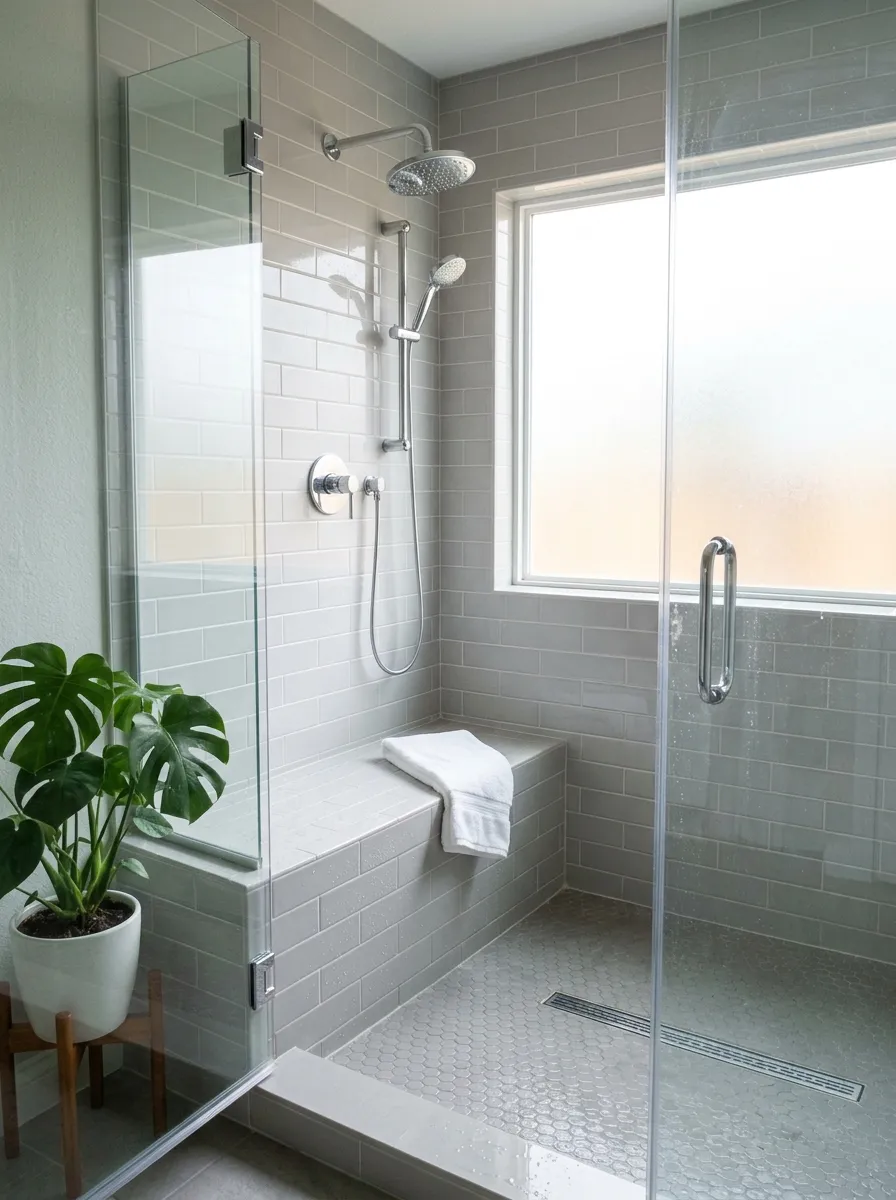 A built-in tiled shower bench in a bright walk-in shower, light gray tile matching the walls, bright natural light streaming through a frosted window, a neatly folded washcloth beautifully placed on the bench, clean wet tile with a subtle sheen, organized and clutter-free styling, vibrant green plant near the shower entrance, real-life lifestyle photography, no people, calm and functional atmosphere.
