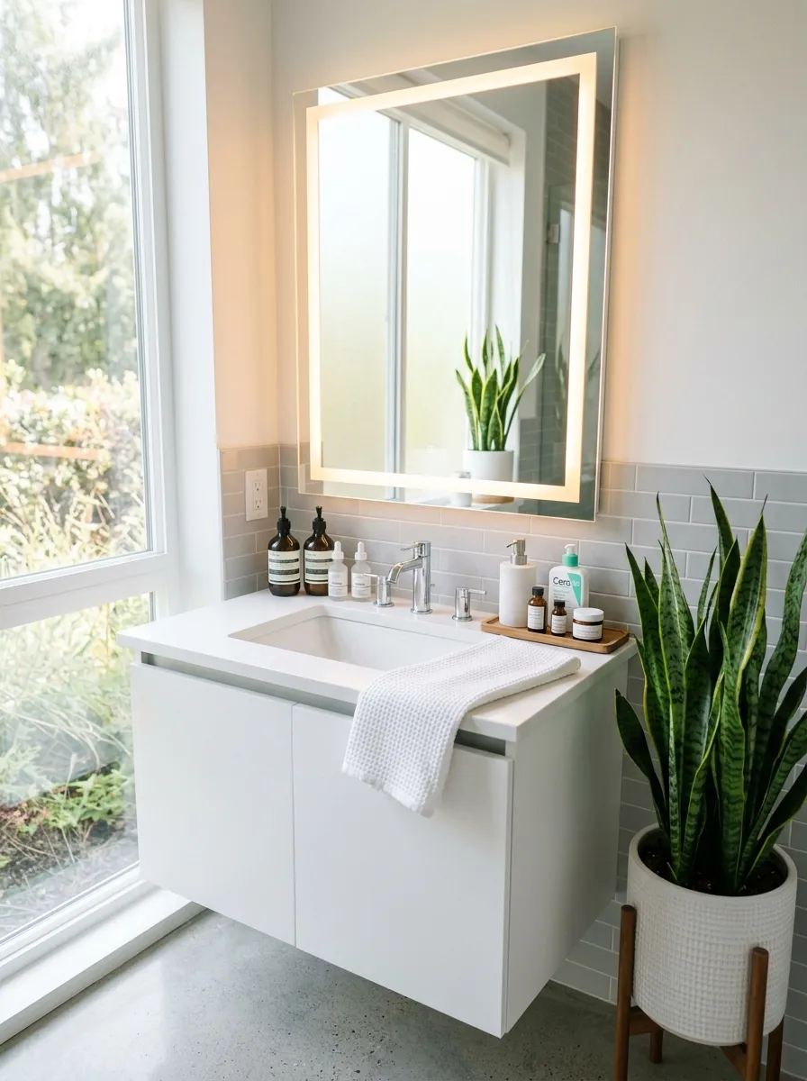 A modern bathroom with a fog-free LED mirror glowing softly above a clean white sink, bright natural light mixing with the mirror's warm glow, neatly arranged skincare bottles beautifully placed on the counter, clean and organized styling, vibrant green plant in the corner, real-life photography style, no people, crisp and modern morning mood.