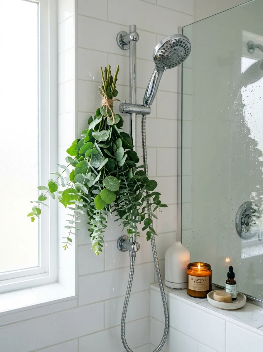 A fresh eucalyptus bundle hanging neatly from a chrome showerhead, water droplets catching bright natural light, a small ceramic diffuser and lit candle beautifully arranged on a nearby ledge, clean tile background, organized and calming shower setting, vibrant green leaves standing out against white tile, real-life lifestyle photography, no people, spa-like fresh atmosphere.