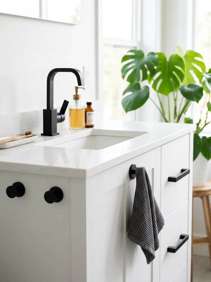 A close-up of matte black bathroom hardware, faucet, drawer pulls, and towel hook, mounted against a clean white vanity, bright natural light highlighting the matte texture, a neatly folded towel beautifully hung on the black hook, organized countertop with minimal styling, vibrant green plant softly blurred in the background, real-life photography style, no people, modern contrast mood.
