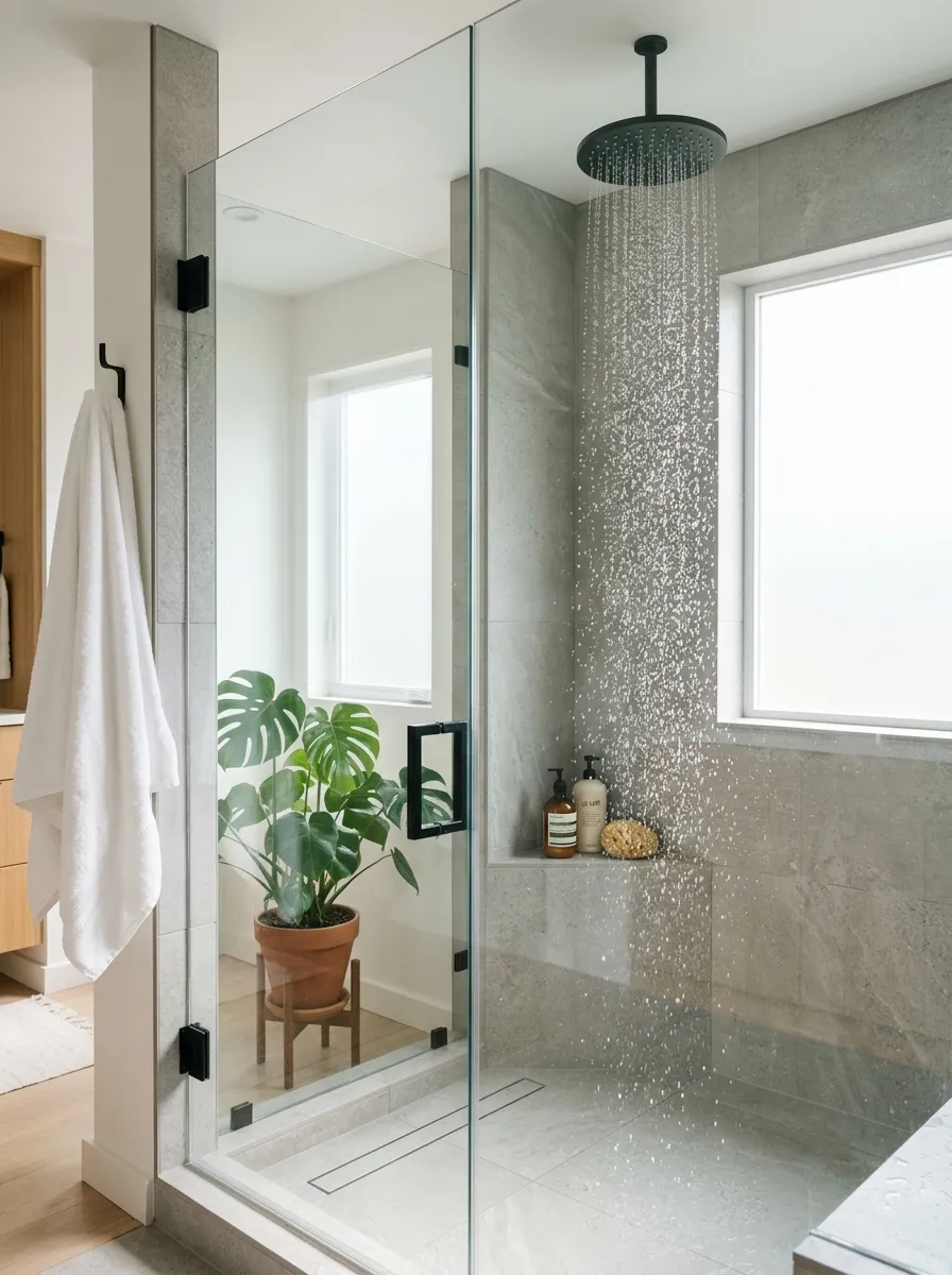 A modern walk-in shower with frameless glass walls, large-format light gray tiles, a rain showerhead with water droplets catching bright natural light, neatly arranged bath products on a small built-in shelf, a fluffy white towel beautifully hung on a hook, clean and organized bathroom setting, vibrant green plant near the glass, real-life candid photography style, no people, airy and fresh atmosphere, high-quality stock photo look.