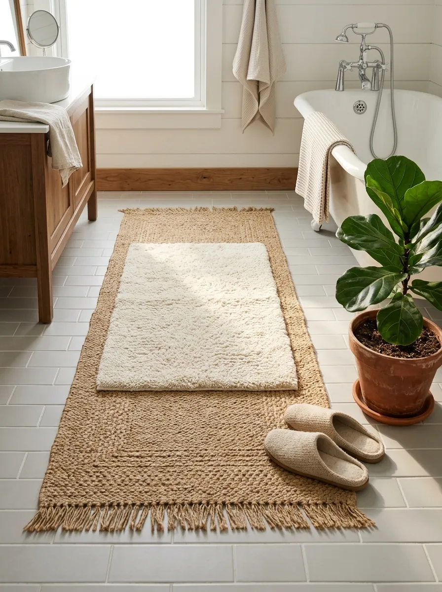 A bathroom floor styled with a layered rug duo, a woven jute runner topped with a smaller cream plush mat, bright natural light casting soft shadows across the texture, clean tile flooring visible around the edges, neatly placed slippers beautifully beside the rug, organized and cozy styling, vibrant green plant nearby, real-life lifestyle photography, no people, warm inviting mood.
