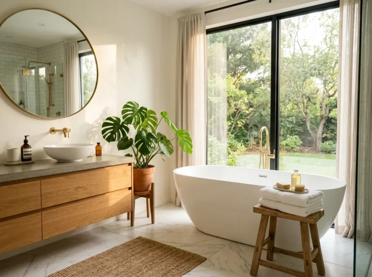 A stunning real-life luxury bathroom interior, freestanding oval soaking tub near a large sunlit window, neatly folded towels beautifully arranged on a wooden stool, warm wood floating vanity with a round mirror reflecting bright natural light, clean marble-look tile flooring, vibrant green plants adding fresh color, organized and clutter-free styling, soft golden morning light, real-life lifestyle photography, Pinterest-style composition, no people, no text overlay, no illustration, no 3D render.