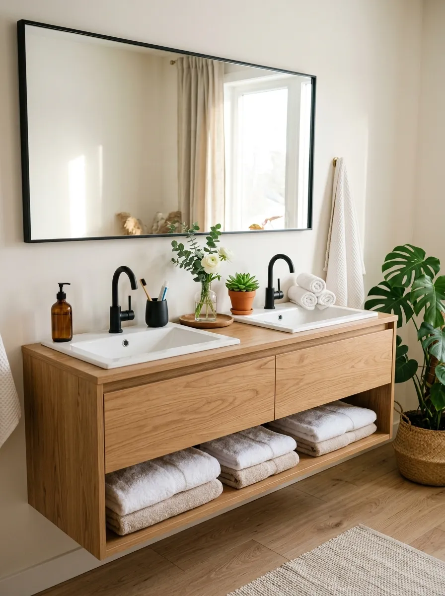 A clean, wall-mounted floating double vanity in warm natural wood tone, two matte black faucets, a long horizontal mirror reflecting bright natural light, neatly arranged toiletries and a small vase of flowers beautifully placed on the countertop, organized and clutter-free bathroom, soft white and beige color palette with a pop of vibrant green from a plant, real-life home photography style, cozy morning atmosphere.