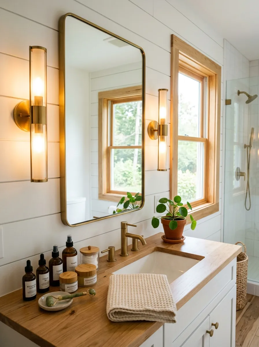 A bathroom mirror flanked by warm vertical sconce lights, soft golden glow mixing with bright natural light from a nearby window, a neatly organized countertop with beautifully arranged skincare bottles and a folded hand towel, clean white walls, vibrant touch of color from a small potted plant, real-life cozy morning photography style, calm and inviting mood, no people visible.