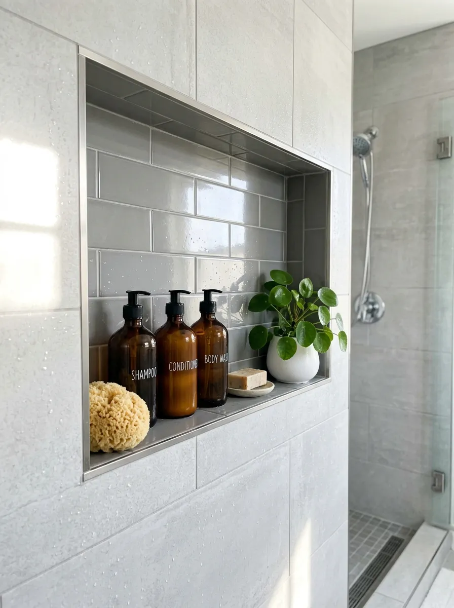 A recessed built-in shower niche lined with sleek gray tile, neatly arranged glass bottles and a natural sponge beautifully organized on the shelf, bright natural light reflecting off clean wet tile surfaces, a small vibrant green plant tucked in the corner, minimalist and clutter-free bathroom styling, real-life lifestyle photography, fresh and airy spa-like atmosphere, no people.