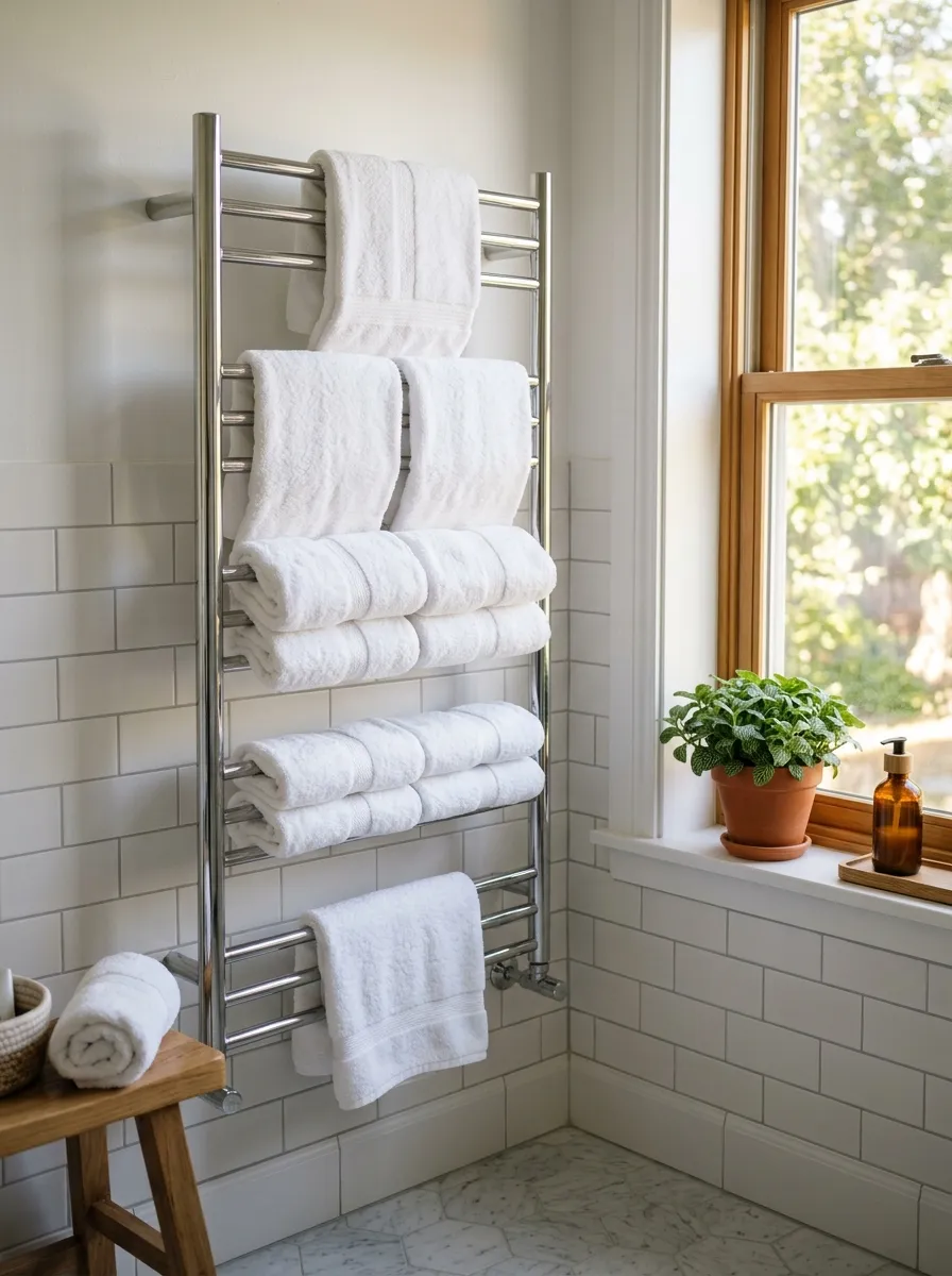 A cozy bathroom corner with a sleek chrome heated towel warmer rack, neatly folded white towels beautifully arranged on each bar, bright natural light streaming through a nearby window, clean tile flooring, organized and clutter-free styling, a small vibrant green plant on the counter, real-life lifestyle photography, warm and inviting morning atmosphere, no people, no illustration.