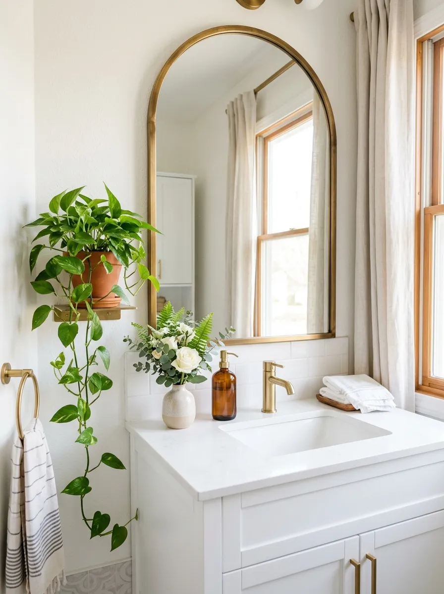 A bright bathroom with a tall arched mirror in a warm brass frame mounted above a clean white sink, bright natural light reflecting off the glass, neatly arranged soap dispenser and a small vase of flowers beautifully placed on the counter, organized and clutter-free space, vibrant green plant beside the mirror, real-life home photography style, no people, elegant and airy mood.