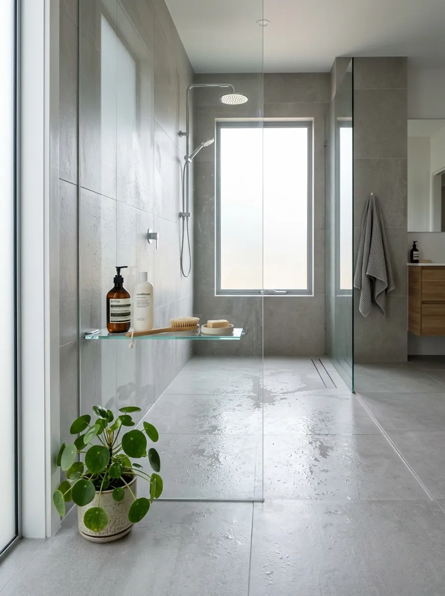 A minimalist curbless walk-in shower with a smooth zero-threshold entry, large light gray tiles flowing seamlessly from floor to shower area, bright natural light from a frosted window, a neatly arranged glass shelf with organized bath products, clean wet tile with a beautiful sheen, vibrant green plant near the entry, real-life photography style, no people, spacious and calm atmosphere.