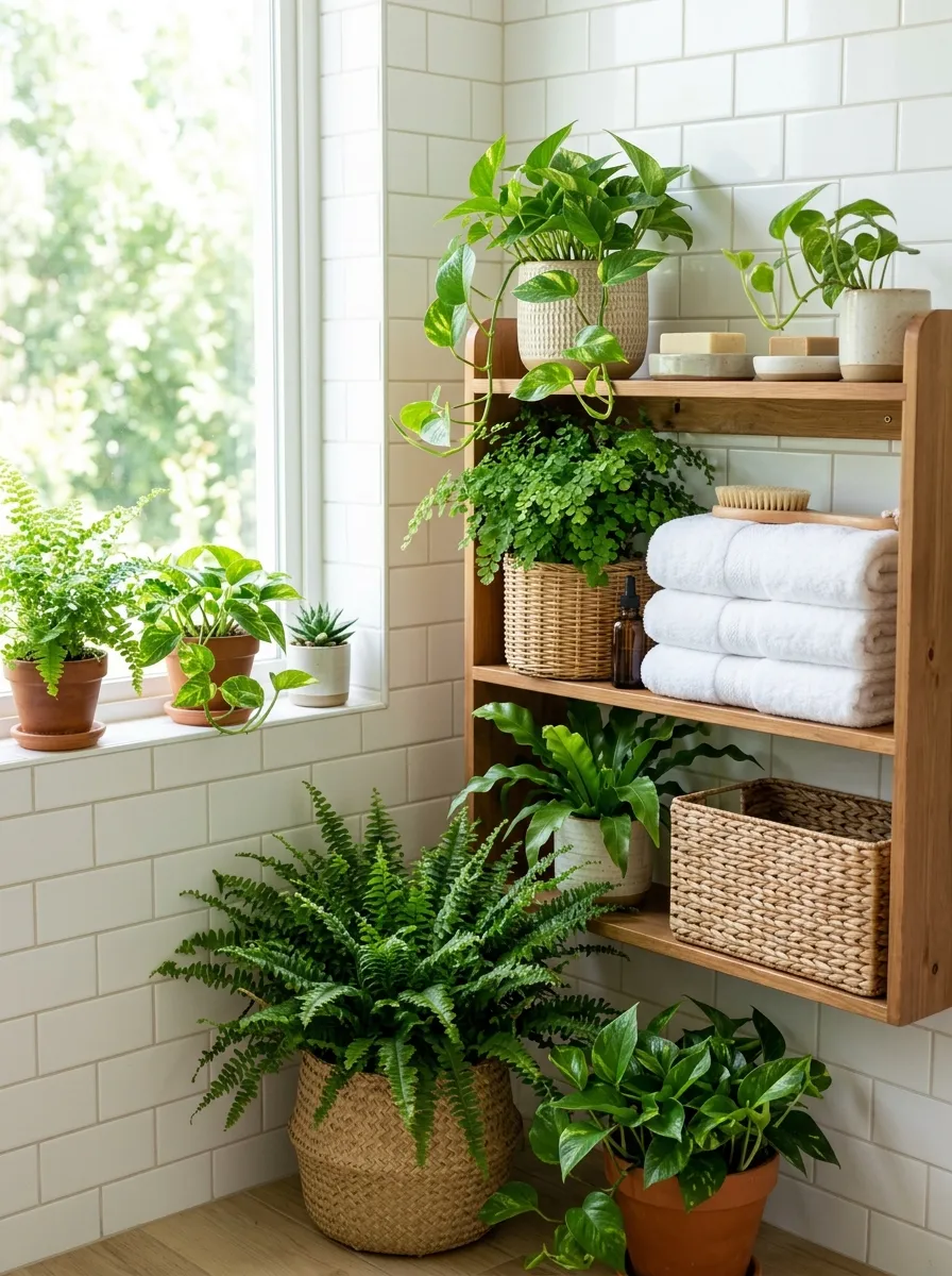 A bright bathroom corner filled with lush green ferns and pothos plants in neatly arranged woven baskets and ceramic pots, bright natural light pouring through a window, clean white wall backdrop, organized wooden shelf with folded towels beautifully stacked beside the plants, vibrant natural greens standing out, real-life lifestyle photography, fresh and calming mood, no people.