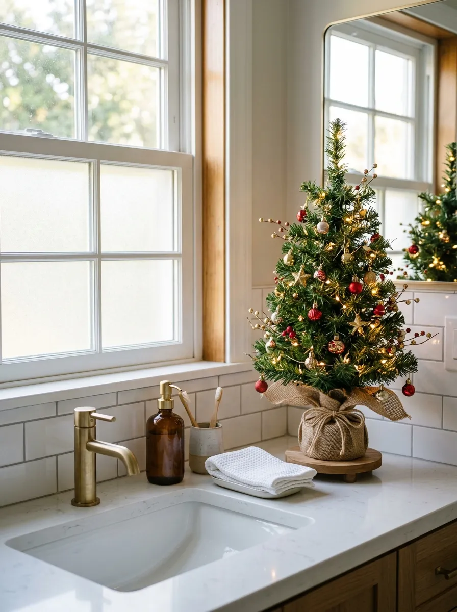 Photography-style image, real-life home bathroom counter with a small twelve-inch artificial Christmas tree neatly decorated with tiny gold and red ornaments, burlap ribbon wrapped around the base, beautifully arranged beside a modern sink, bright natural light streaming through a window, clean and organized countertop, vibrant warm colors, shot like an authentic lifestyle photo, no illustration, no 3D render.