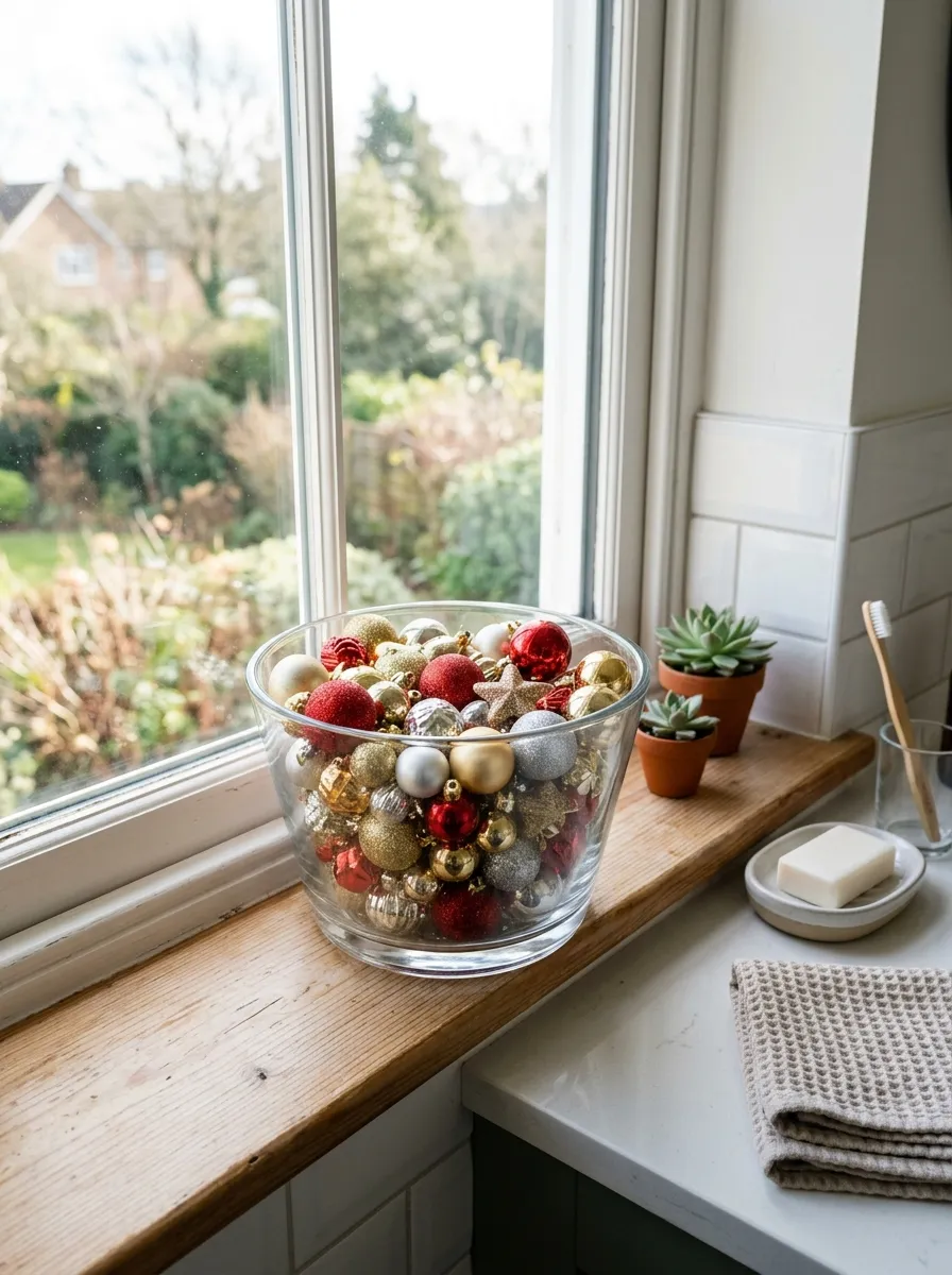 Real-life photography of a clear glass bowl filled with mismatched gold, red and silver mini ornaments, neatly arranged on a bathroom windowsill, clean organized counter, bright natural light streaming in, vibrant sparkling colors, authentic lifestyle stock photo, no illustration, no 3D render.