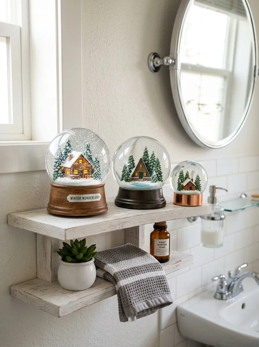 Real-life photography of a bathroom floating shelf displaying three snow globes of varying sizes with winter cabin scenes, neatly arranged, clean organized shelf styling, bright natural light, vibrant winter colors, authentic cozy lifestyle photo, no illustration, no 3D render.