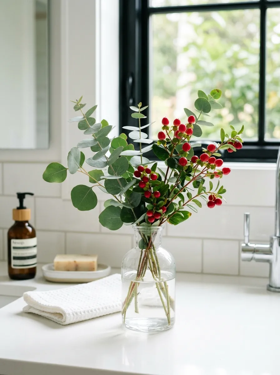 Real-life photography of a small clear glass bud vase with fresh eucalyptus sprigs and cranberry branches, neatly arranged on a white bathroom counter, clean minimalist styling, bright natural light through window, vibrant red and green accents, authentic lifestyle stock photo, no illustration, no render.