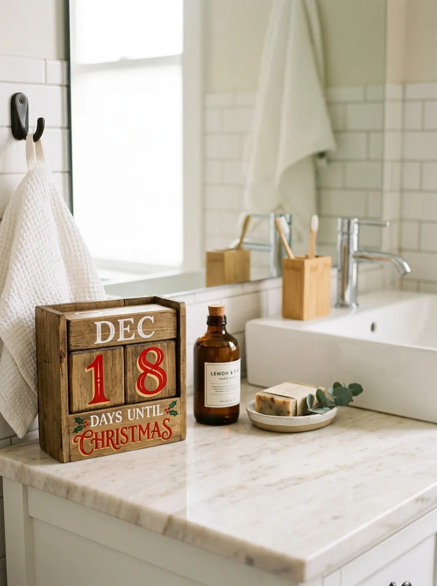 Real-life photography of a small wooden Christmas countdown block calendar neatly placed on a bathroom vanity counter, clean organized styling, bright natural light, vibrant red and gold number details, authentic cozy lifestyle photo, no illustration, no 3D render.