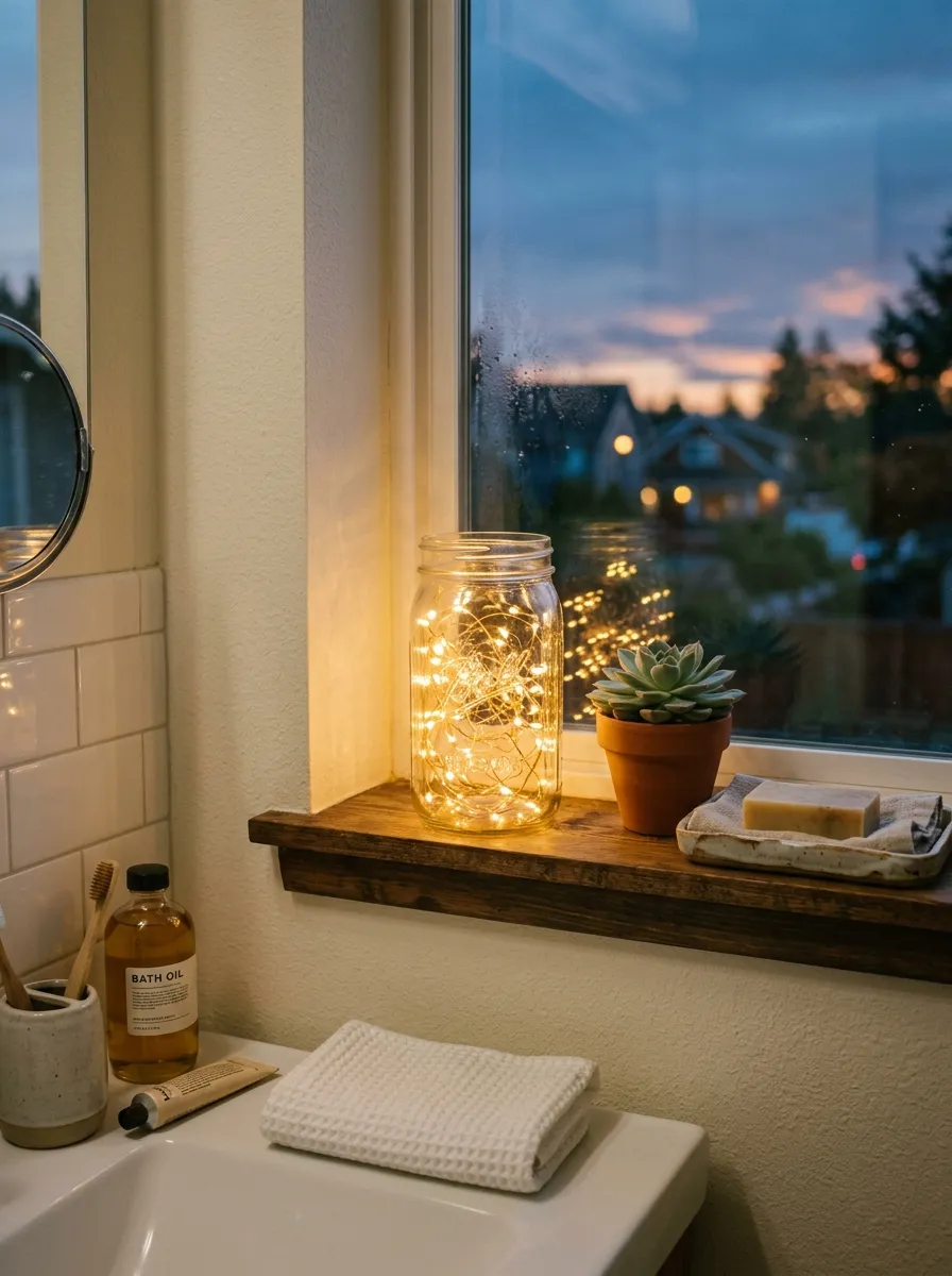 Real-life photography of a clear glass jar filled with warm white fairy lights glowing softly, neatly placed on a bathroom windowsill at dusk, clean organized counter, soft ambient light mixed with natural light, vibrant warm golden tones, authentic lifestyle stock photo, no illustration, no render.