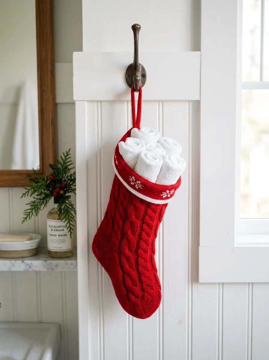 Real-life photography of a small red knit Christmas stocking hung on a bathroom wall hook, filled with neatly rolled white hand towels, clean organized styling, bright natural light, vibrant festive red tones, authentic cozy lifestyle photo, no illustration, no 3D render.