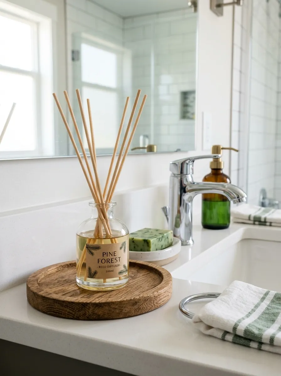 Real-life photography of a glass pine-scented reed diffuser with wooden reeds neatly placed on a small tray beside a bathroom sink faucet, clean organized counter, bright natural light, vibrant green accents, authentic lifestyle stock photo, no illustration, no 3D render.