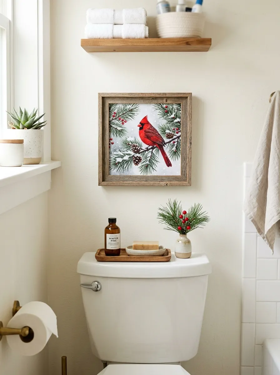 Real-life photography of a small framed winter cardinal and pine tree print neatly hung on a bathroom wall above a toilet, clean organized wall styling, bright natural light, vibrant red and green tones, authentic cozy home photo, no illustration, no 3D render.