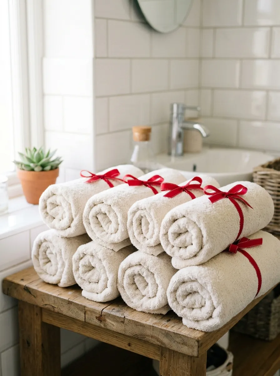 Real-life photography of neatly rolled cream bath towels each tied with a thin red ribbon bow, beautifully arranged on an open wooden shelf, clean organized bathroom styling, bright natural light, vibrant red and cream tones, authentic lifestyle stock photo, no illustration, no render.