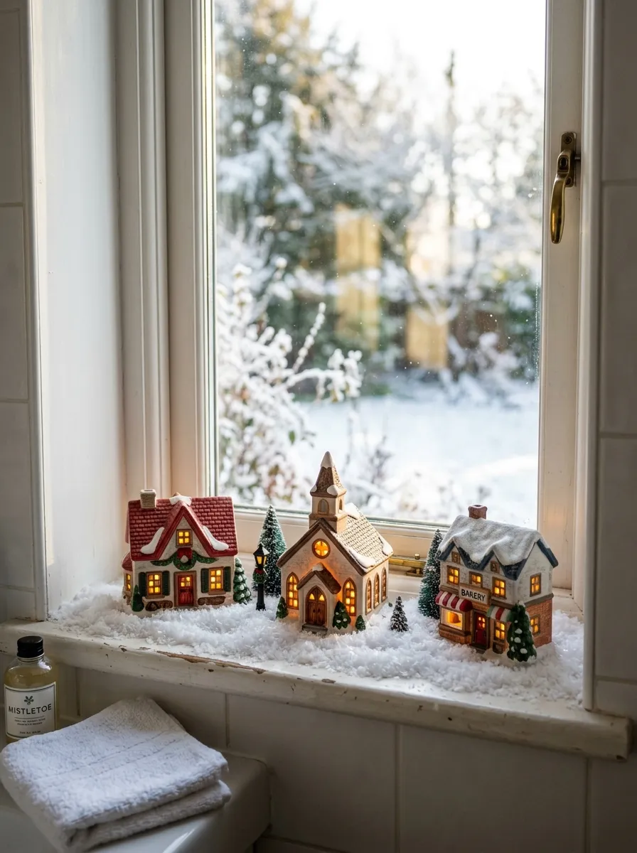 Real-life photography of a small ceramic Christmas village with three miniature houses neatly arranged on a bathroom windowsill, fake snow underneath, clean organized styling, bright natural light streaming through glass, vibrant warm window-glow colors, authentic lifestyle photo, no illustration, no render.
