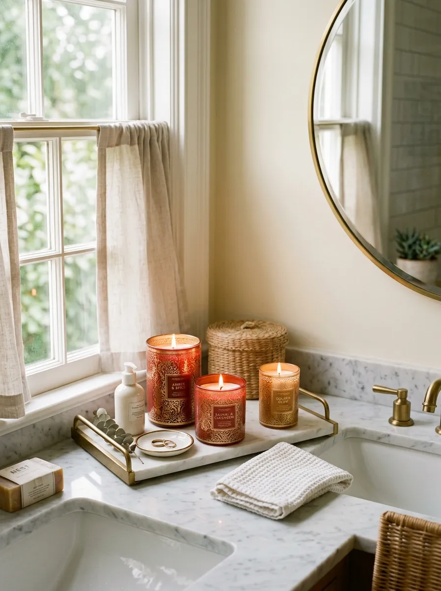Real-life photography of a bathroom vanity tray with three neatly arranged candles of varying heights in red and gold jars, softly lit flames, organized and clean countertop styling, bright natural light from a nearby window, vibrant cozy color tones, authentic lifestyle stock photo look, not a studio render, not an illustration.