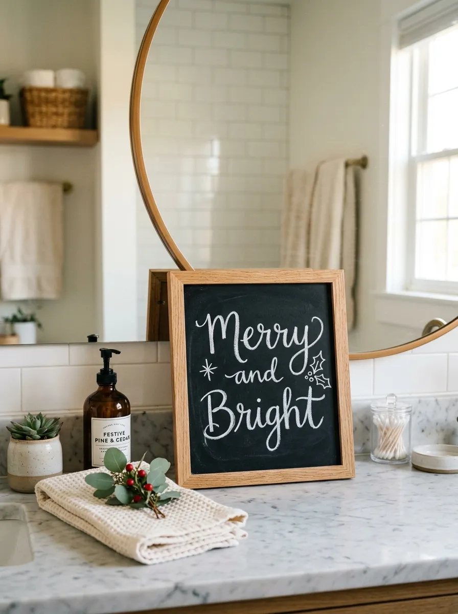 Real-life photography of a small black chalkboard sign with handwritten white chalk text "Merry and Bright," neatly propped on a bathroom counter, clean organized styling, bright natural light, vibrant contrast between black board and warm surroundings, authentic lifestyle stock photo, no illustration, no 3D render.