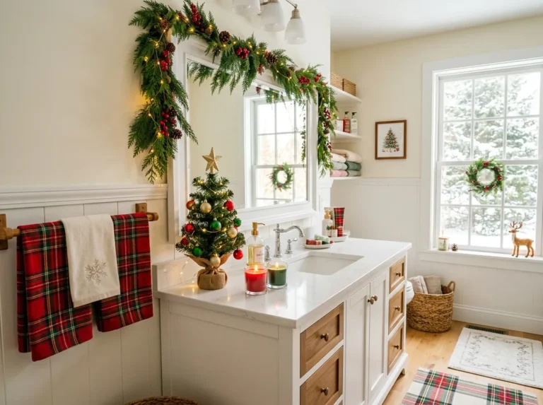 Real-life photography of a beautifully decorated home bathroom during Christmas, neatly arranged mini tree, festive candles, plaid hand towels, and evergreen garland around the mirror, clean and organized styling, bright natural light streaming through a window, vibrant red, green and gold color palette, authentic cozy lifestyle stock photo, wide shot, no 3D render, no illustration, no sketch.