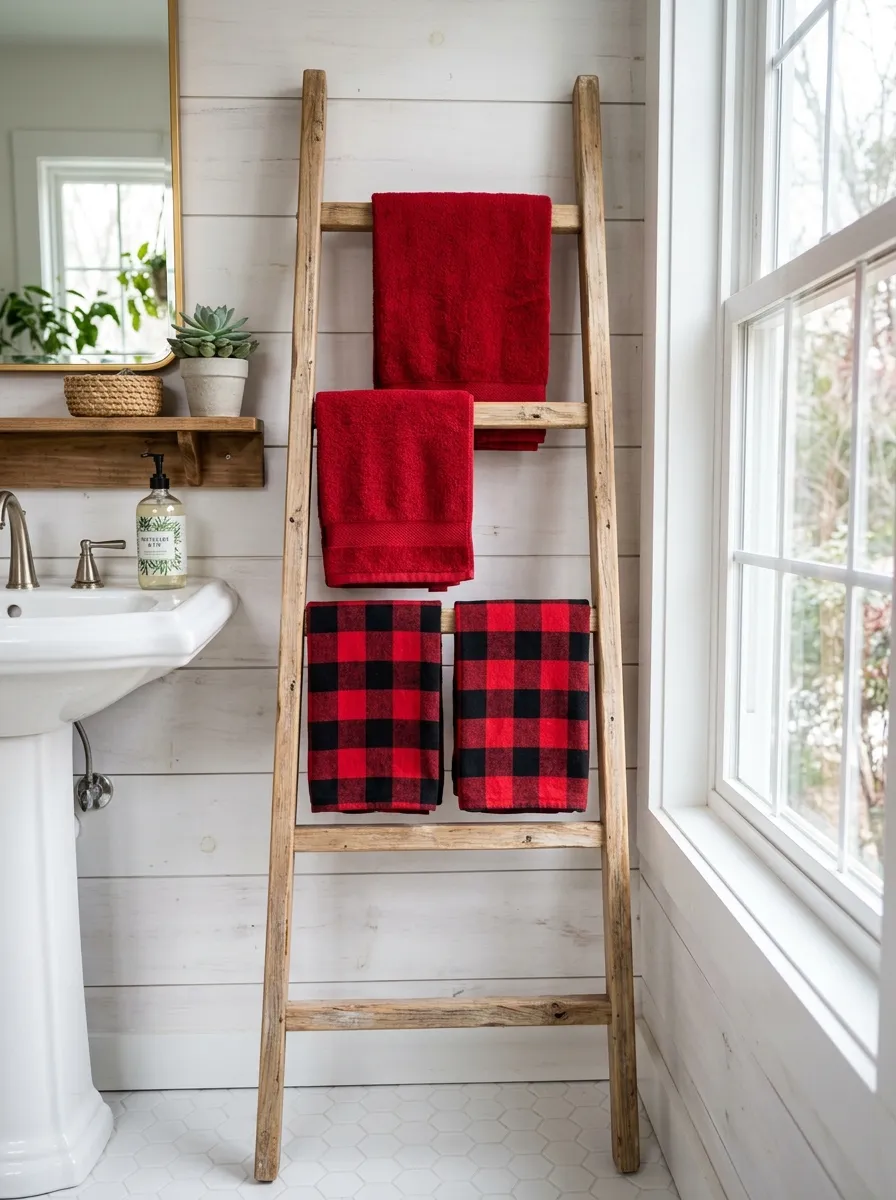 Real-life lifestyle photography of neatly folded red and buffalo plaid hand towels hanging on a wooden ladder towel rack in a bright bathroom, beautifully arranged, clean and organized styling, bright natural light, vibrant festive colors, authentic home photo, no 3D render, no illustration or sketch.