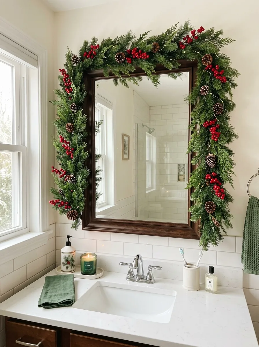 Photography-style real-life image of a bathroom mirror framed with a neatly arranged faux evergreen garland, small pinecones and red berries woven throughout, clean organized vanity below, bright natural light, vibrant green and red tones, authentic home decor photo, no illustration, no digital render.