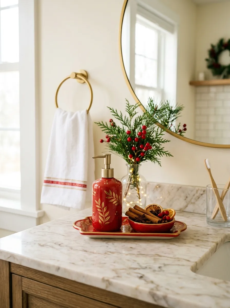 Real-life photography of a bathroom counter featuring a red and gold ceramic soap dispenser neatly arranged on a matching tray, small dish of cinnamon sticks beside it, clean and organized vanity, bright natural light, vibrant holiday colors, authentic lifestyle stock photo style, no studio render, no illustration.