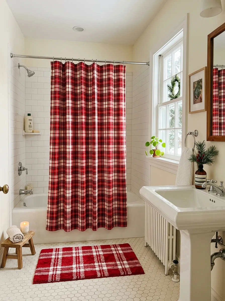 Real-life photography of a bathroom with a festive red and white plaid shower curtain neatly hung, matching bath mat on the floor, clean organized tile surroundings, bright natural light through a window, vibrant warm holiday tones, authentic home lifestyle photo, no illustration, no 3D render.