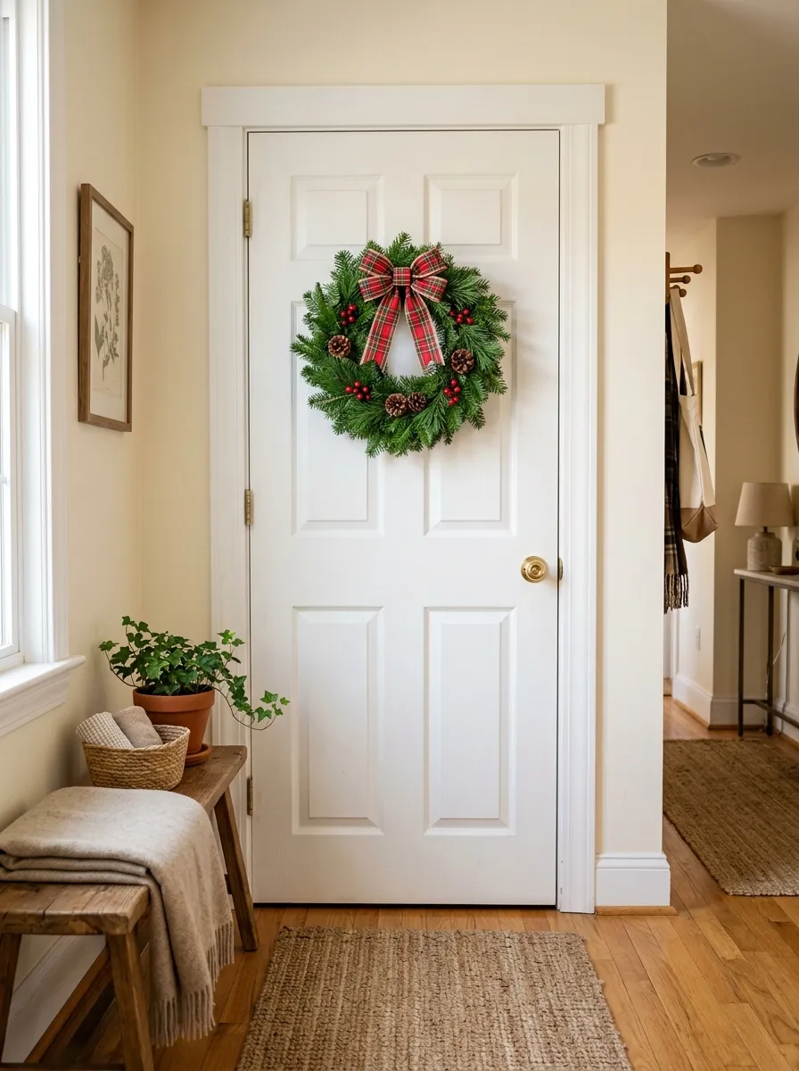 Real-life photography of a small evergreen wreath with pinecones and a red plaid bow hanging neatly on a white bathroom door, clean and organized entryway, bright natural light, vibrant green and red colors, authentic cozy home photo, no illustration, no digital render.