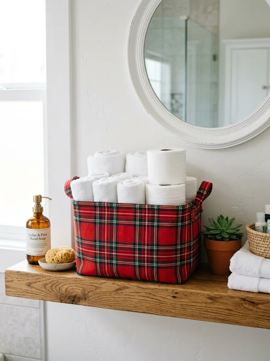 Real-life photography of a neatly organized red plaid fabric storage bin holding rolled white towels and toilet paper, beautifully arranged on a bathroom shelf, clean styling, bright natural light, vibrant festive colors, authentic lifestyle stock photo, no 3D render, no illustration.