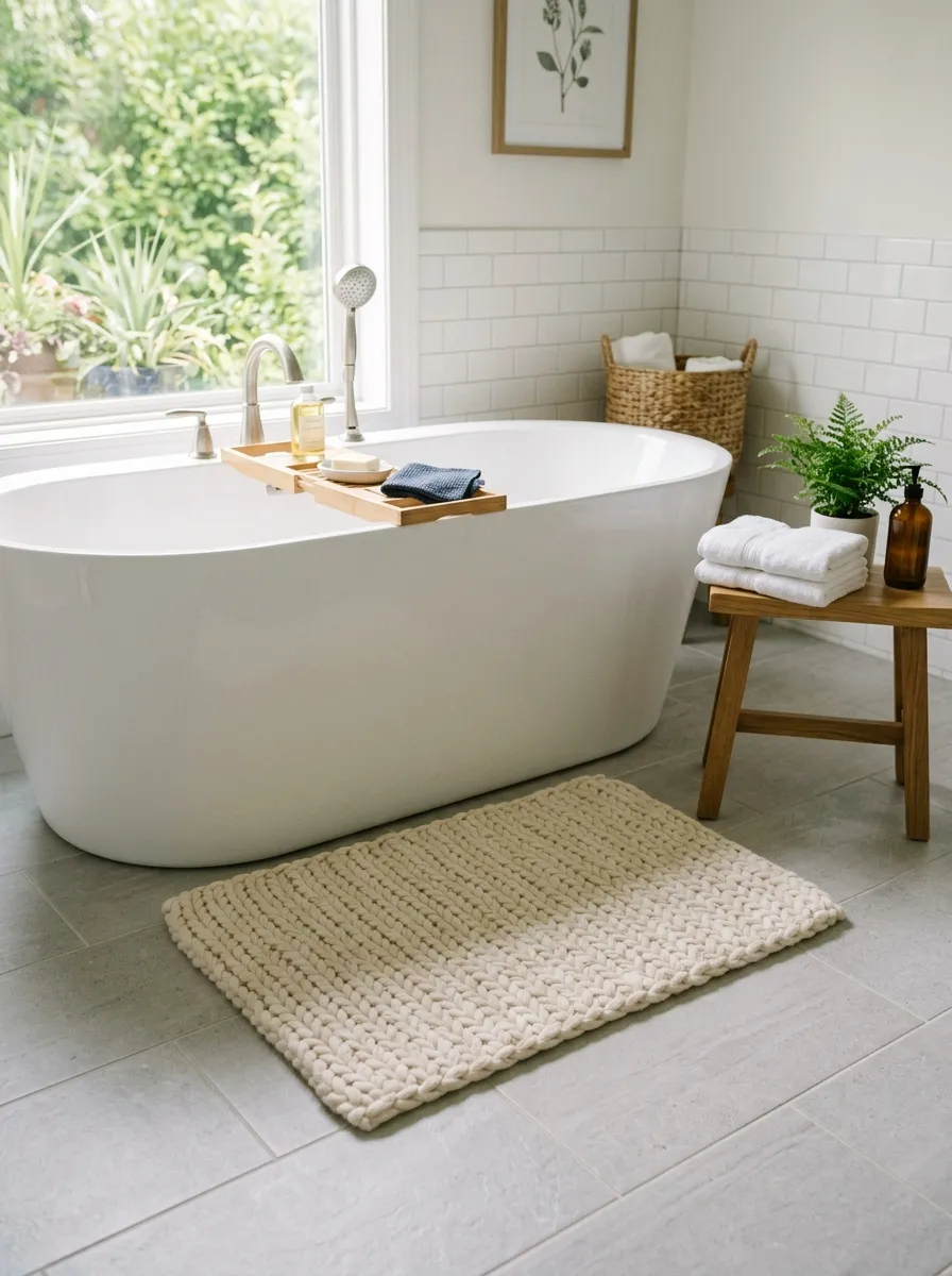 Real-life photography of a plush cream chunky-knit bath mat neatly placed on bathroom tile floor near a modern tub, clean and organized surroundings, bright natural light, vibrant cozy tones, authentic home lifestyle photo, no illustration, no 3D render.