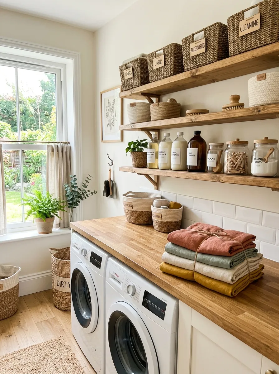 A real-life laundry room with open wooden floating shelves, neatly made woven baskets labeled with tags, organized detergent bottles, clean folded towels, bright natural light streaming through a nearby window, vibrant colors, stock photography style, cozy and beautifully arranged.