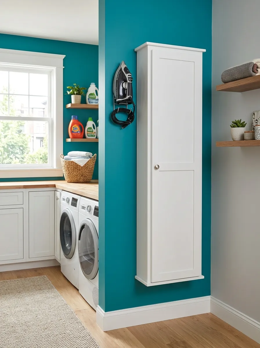 Real-life photo of a vertical wall-mounted ironing board storage cabinet in a laundry room, neatly organized and clean, iron hanging on a nearby hook, bright natural light, vibrant wall color accent, beautifully arranged, stock photography style.