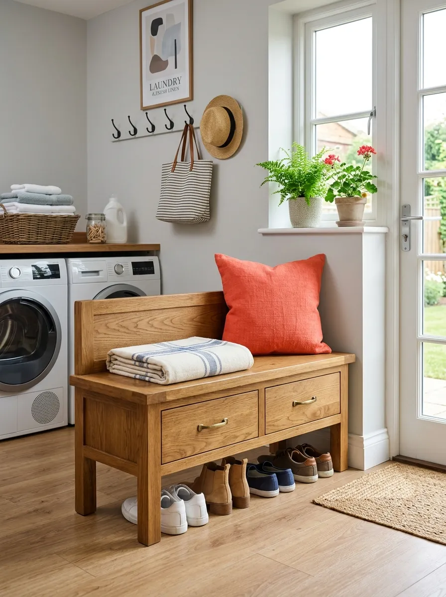 Real-life photo of a wooden storage bench in a laundry room entrance, neatly made with a folded blanket on top, organized shoes tucked underneath, clean and tidy space, bright natural light, vibrant cushion color, beautifully arranged, stock photography style.